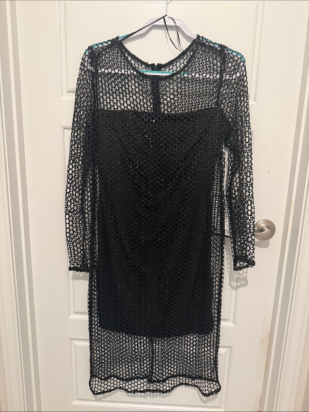 Black Sheer Knit with Sequin Overlay Dress